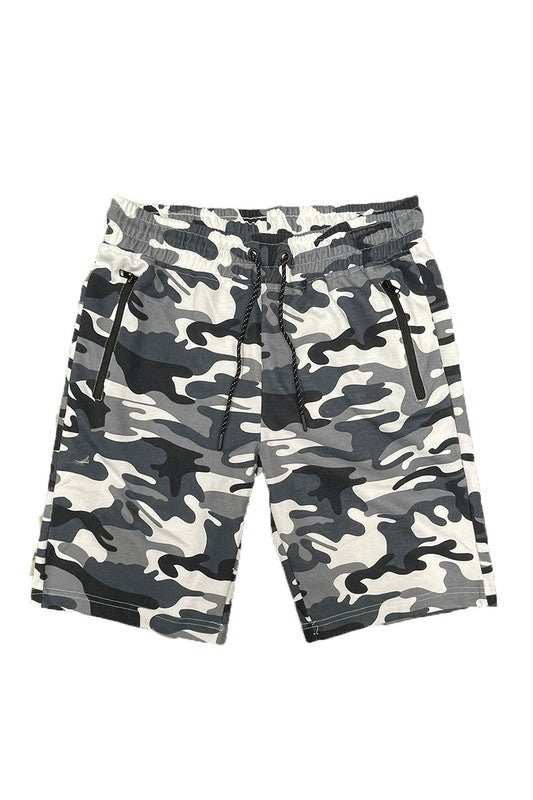 Cotton blend lounge sweat shorts with elastic waist, drawstring, zipper pockets, and camo pattern.